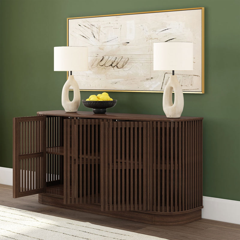 Mid-century modern wooden sideboard with slatted doors, abstract artwork, and decorative lamps in a stylish living room setting.