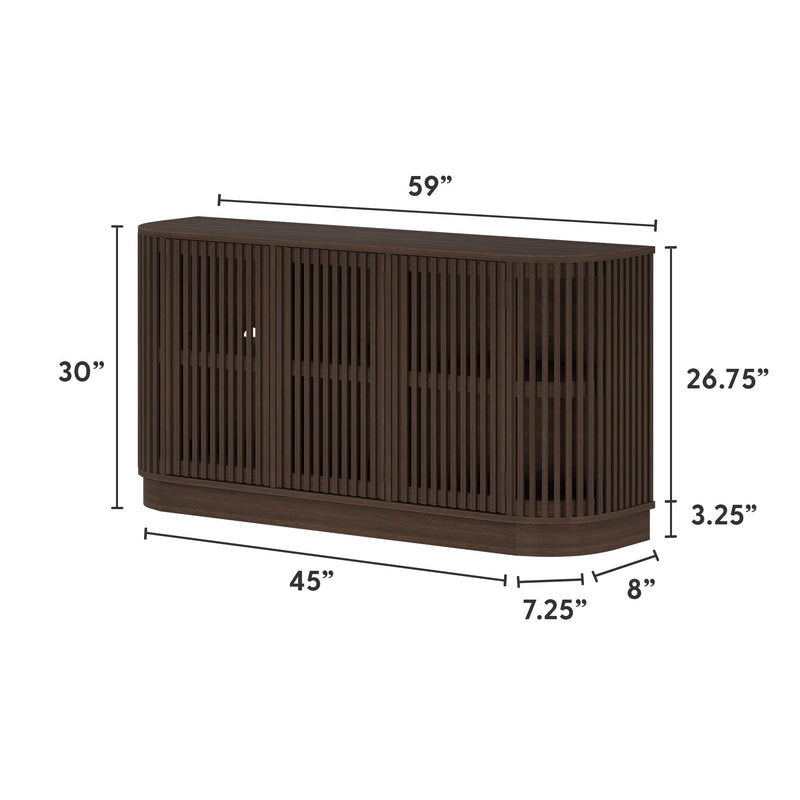 Modern dark wood sideboard with slatted design and dimensions, perfect for stylish home storage solutions.