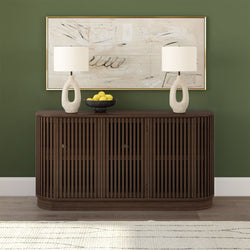 Modern entryway dark walnut slatted sideboard console with abstract framed art, ceramic table lamps and bowl of lemons against an olive green wall