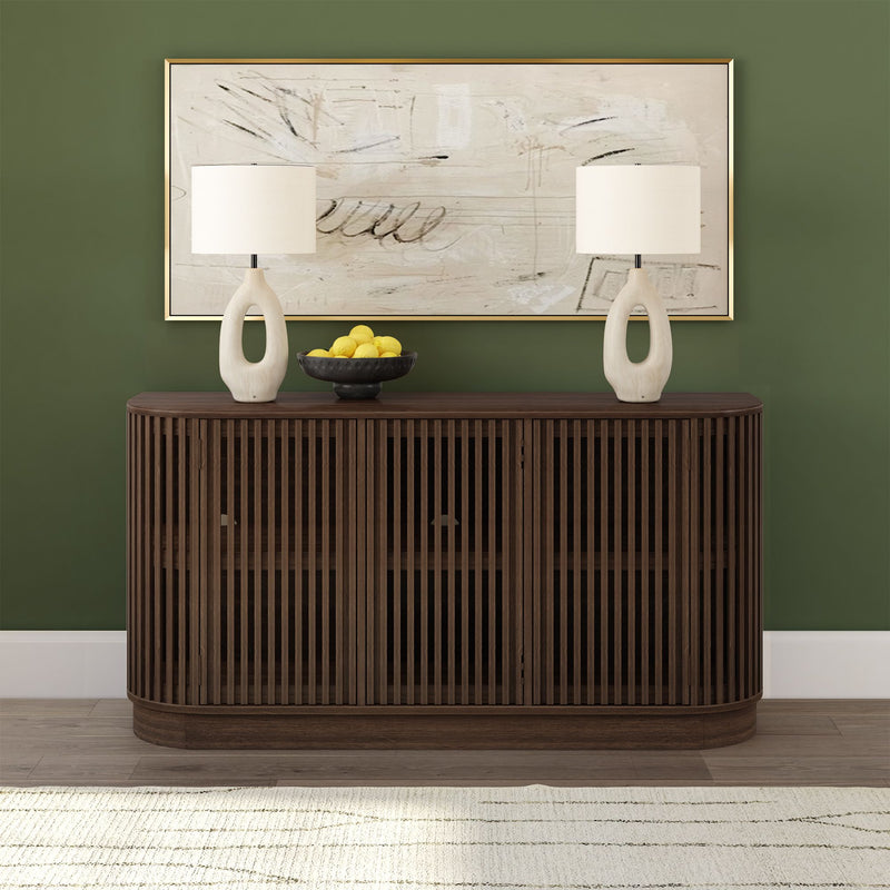 Modern entryway dark walnut slatted sideboard console with abstract framed art, ceramic table lamps and bowl of lemons against an olive green wall