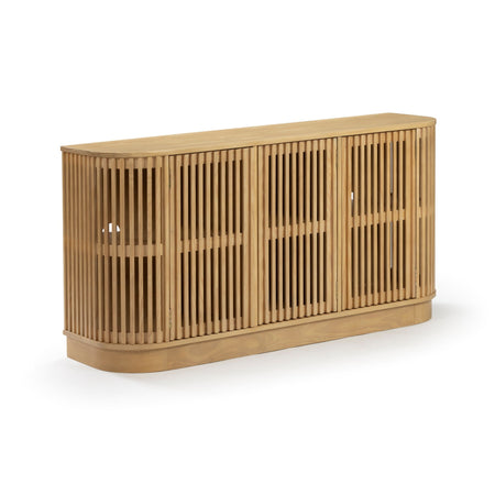Modern wooden sideboard with slatted design and natural finish.