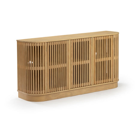 Light natural wood slatted sideboard console with rounded corners, vertical slat doors and interior shelving — modern living room storage cabinet and TV stand
