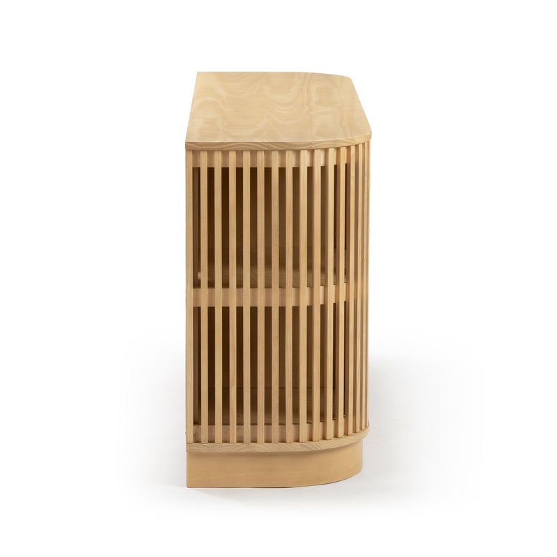Scandinavian-style light wood slatted media console with rounded corner and open shelving