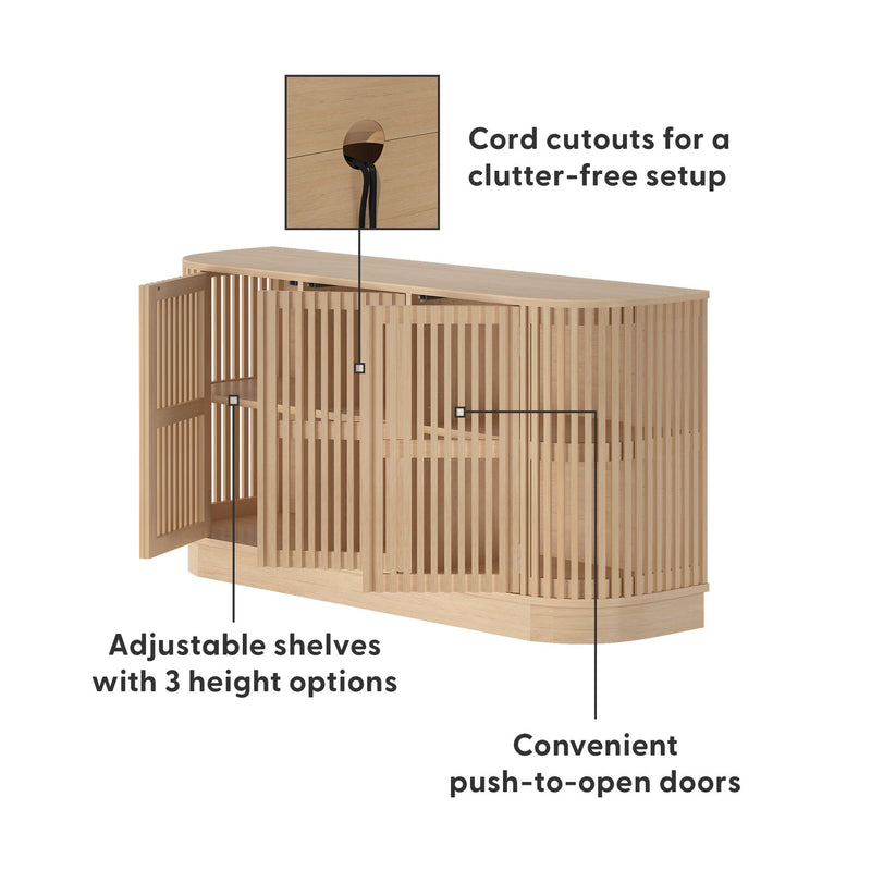 Modern wooden cabinet with adjustable shelves, push-to-open doors, and cord cutouts for organization.