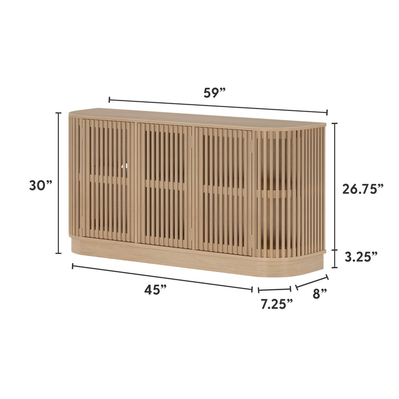 Modern wooden sideboard with slatted design, measuring 59 inches wide and 30 inches tall, perfect for stylish storage and home decor.