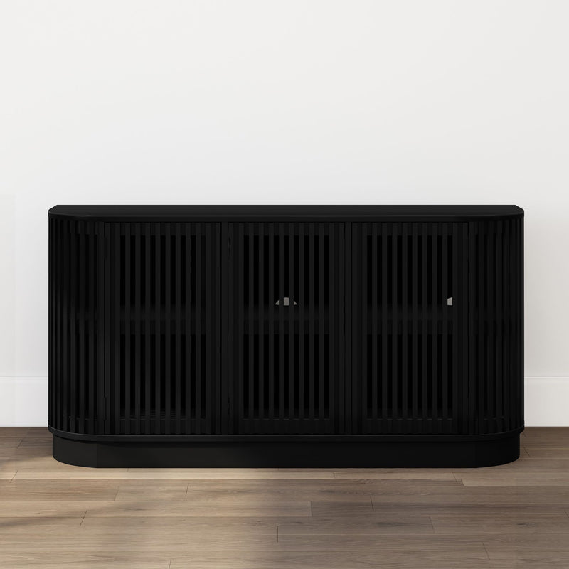 Modern matte black slatted media console TV stand with rounded corners on hardwood floor against a white wall
