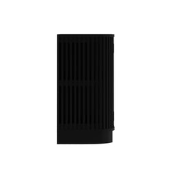 Black cylindrical electronic device with vertical slatted grille (smart speaker or air purifier) on white background