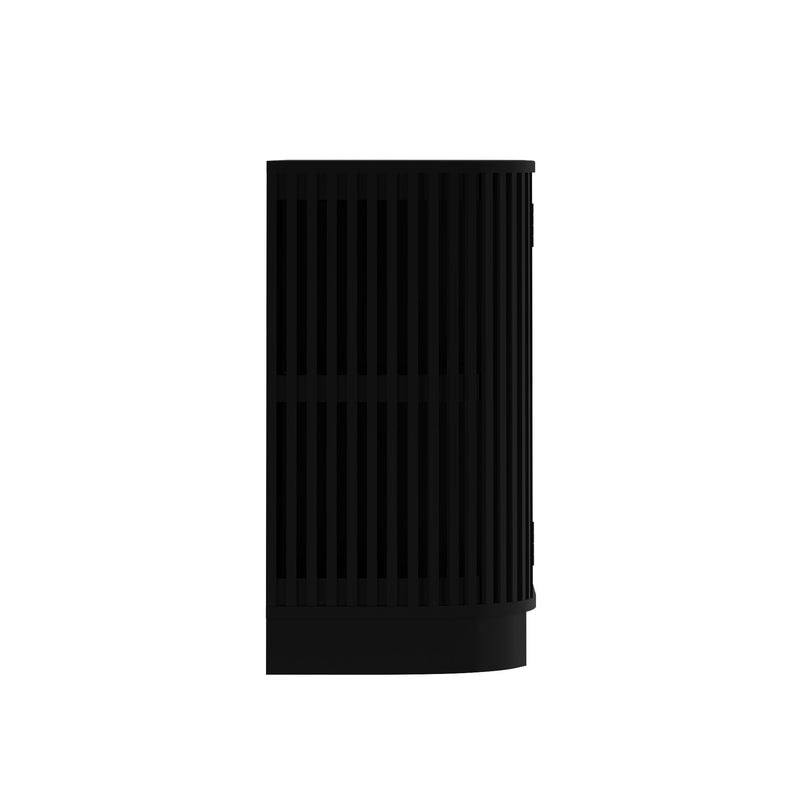 Black cylindrical electronic device with vertical slatted grille (smart speaker or air purifier) on white background