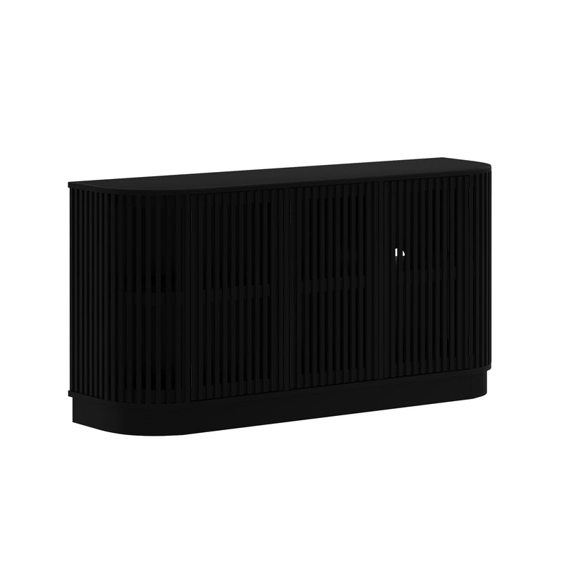 Black curved slatted TV media console cabinet with four doors and matte wood finish — modern living room sideboard for storage