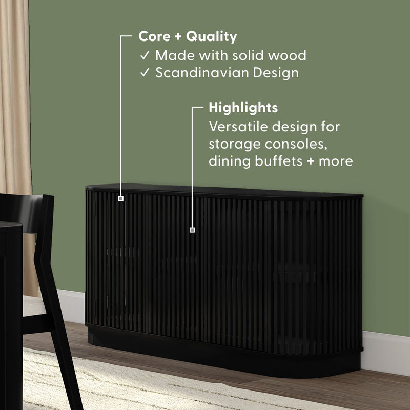 Black solid wood Scandinavian sideboard with vertical slatted doors and curved edges against green wall, modern storage console and dining buffet for living room