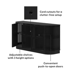 Black slatted TV stand media console with push-to-open doors, adjustable shelves (3 height options) and rear cord cutouts for a clutter-free entertainment center