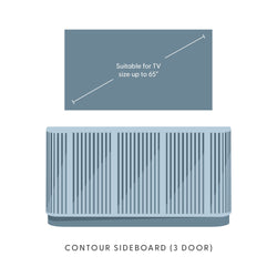 Modern Contour 3‑door sideboard with vertical slats in blue — low‑profile TV stand and storage unit, fits TVs up to 65″