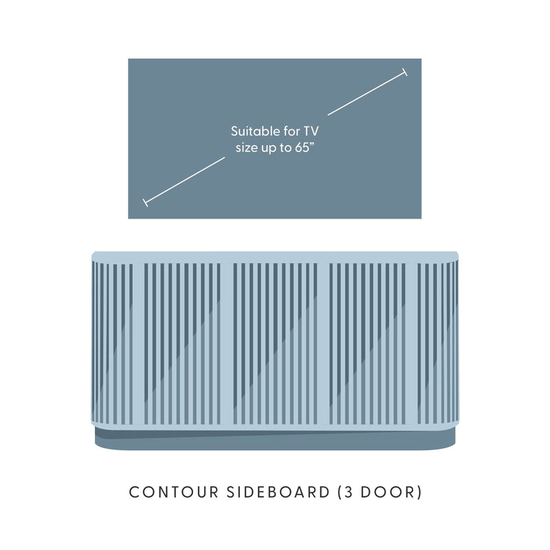 Modern Contour 3‑door sideboard with vertical slats in blue — low‑profile TV stand and storage unit, fits TVs up to 65″