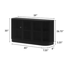 59-inch black slatted media console cabinet with curved corners and four slatted doors, modern wooden TV stand and storage console with labeled dimensions (59 in W x 30 in H x 8 in D)