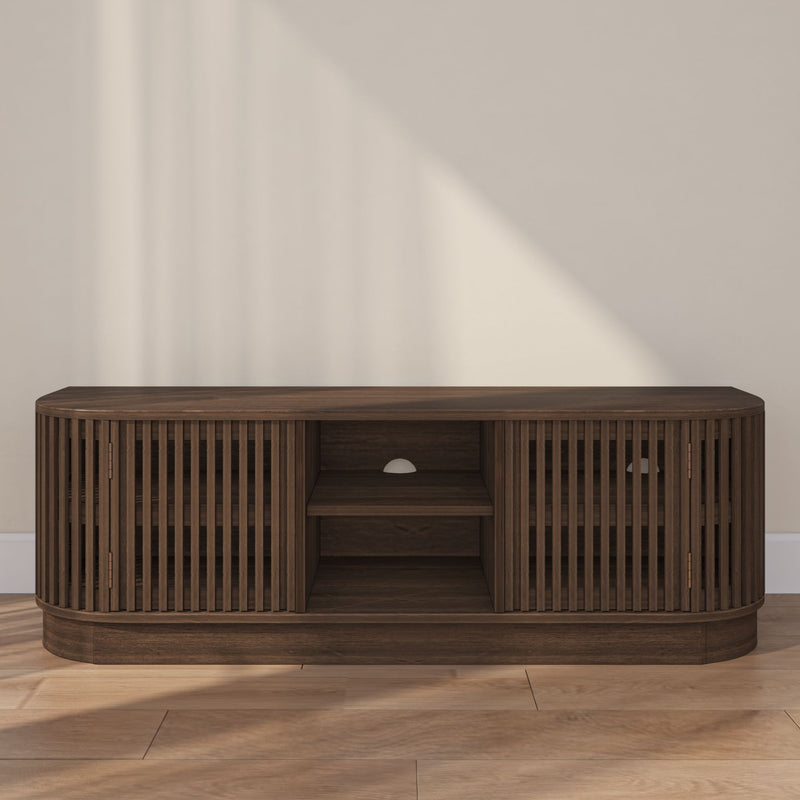 Elegant dark wood modern TV stand with slatted doors and open shelving, perfect for stylish living room storage.