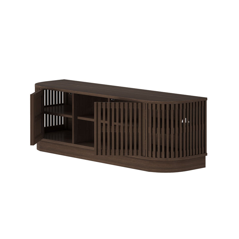 Dark wood entertainment center with slatted doors and open shelving for modern living room.
