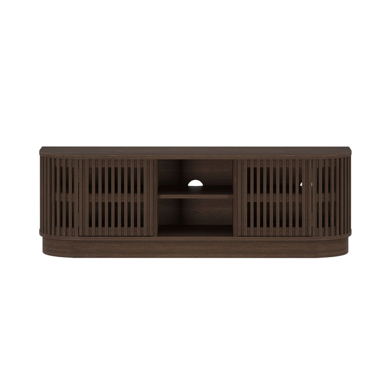 Dark brown wooden TV stand with slatted doors and open shelves.