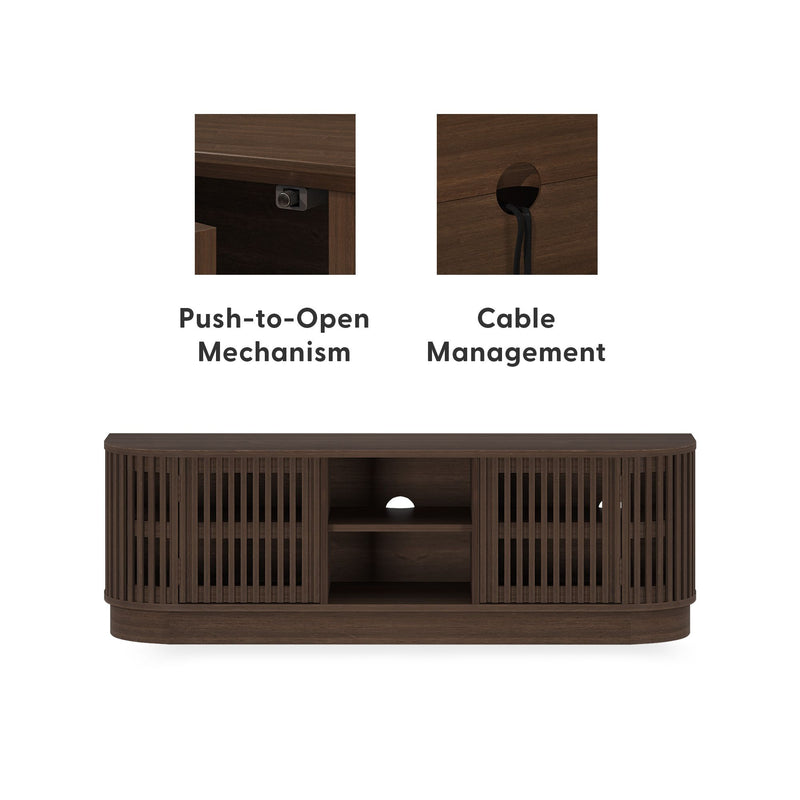 Modern TV stand with push-to-open mechanism and integrated cable management system.