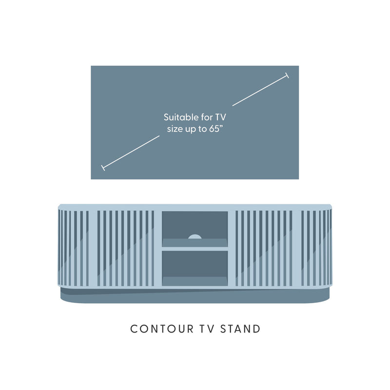 Modern contour TV stand suitable for TVs up to 65 inches, featuring a sleek design.