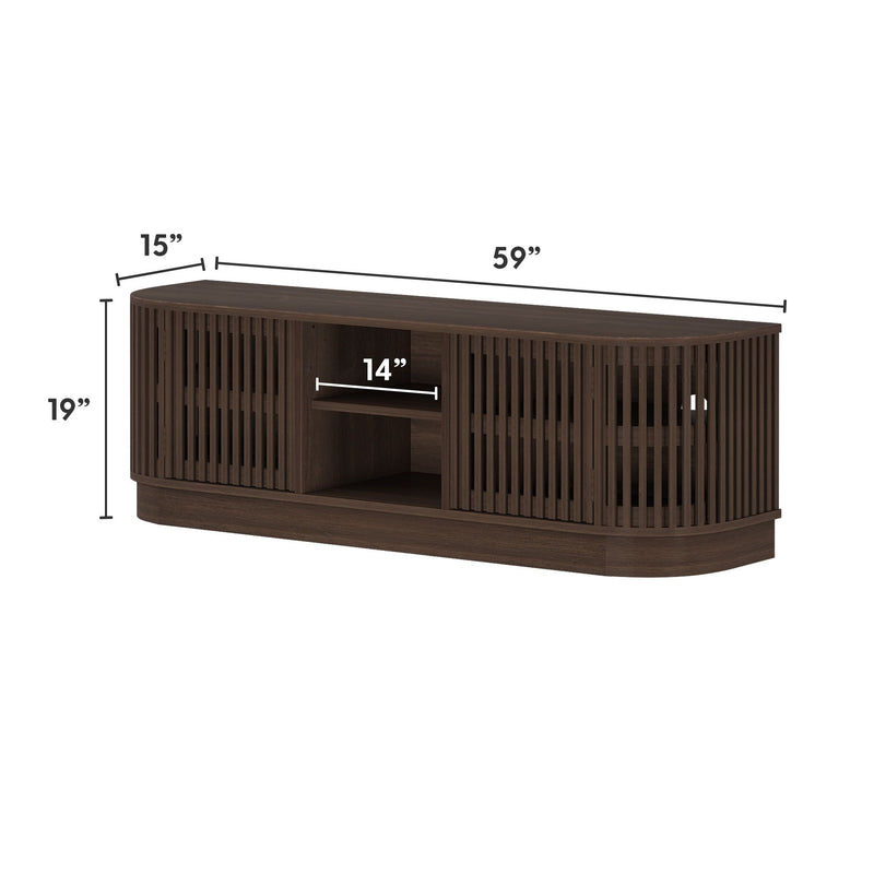 Brown wooden TV stand with slatted doors, measuring 59 inches in width, 19 inches in height, and 15 inches in depth, featuring a central open shelf.