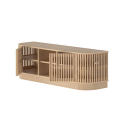 Modern wooden TV stand with slatted doors and open shelves for home entertainment storage.
