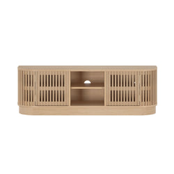 Modern wooden TV console with slatted doors and open shelving for stylish living room storage.