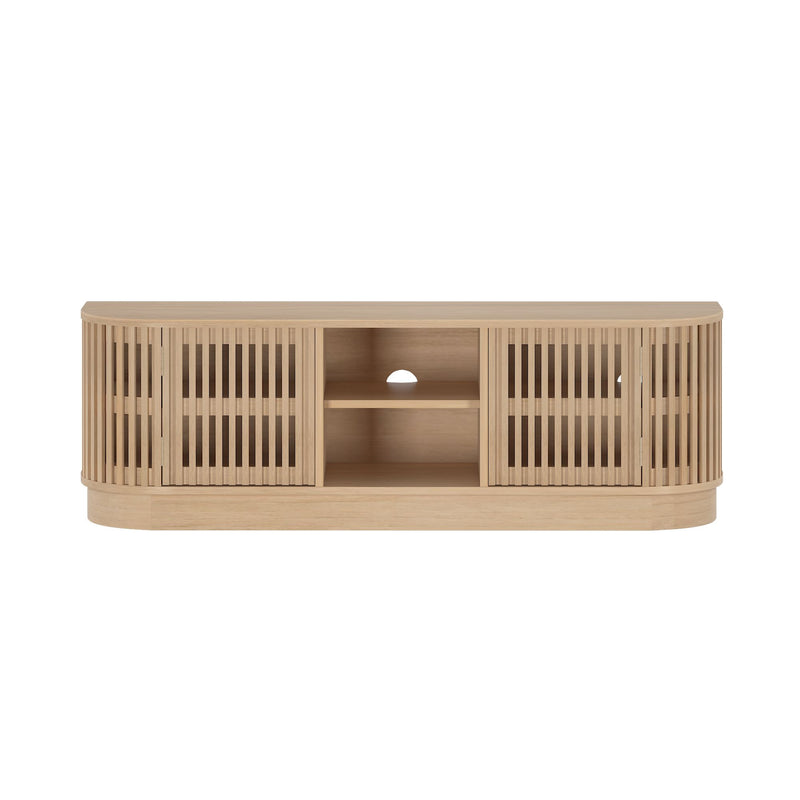 Modern wooden TV console with slatted doors and open shelving for stylish living room storage.