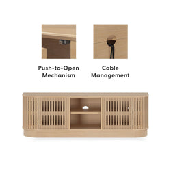 Wooden TV stand with push-to-open mechanism and cable management system for sleek living room storage.