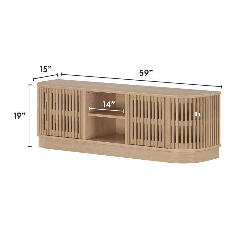 Wooden media console with slatted doors, 59 inches wide by 19 inches high by 15 inches deep, featuring a central open shelf measuring 14 inches.