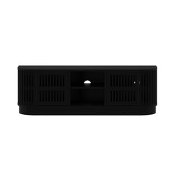 Black modern TV stand with storage shelves and cabinet doors.