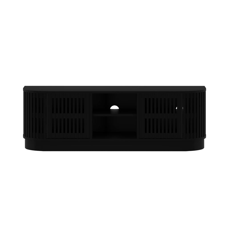 Black modern TV stand with storage shelves and cabinet doors.