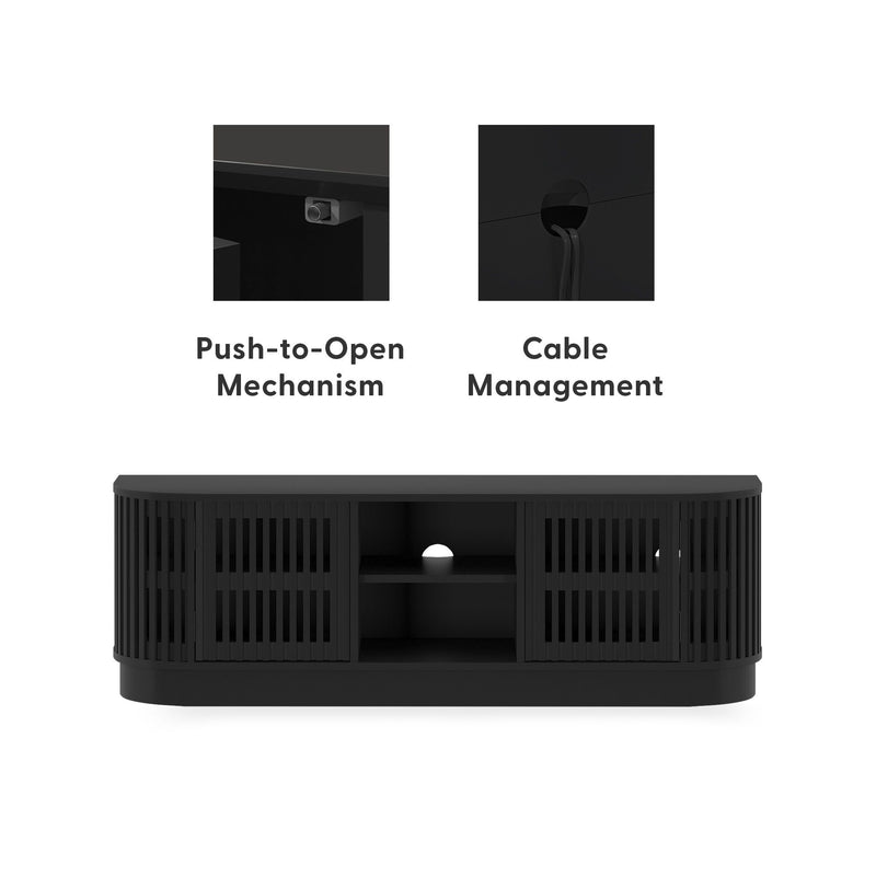 Black TV stand with push-to-open mechanism and cable management, featuring a sleek modern design for living rooms.