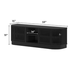 Black modern TV stand with slatted doors, measuring 59 inches wide, 15 inches deep, and 19 inches tall.
