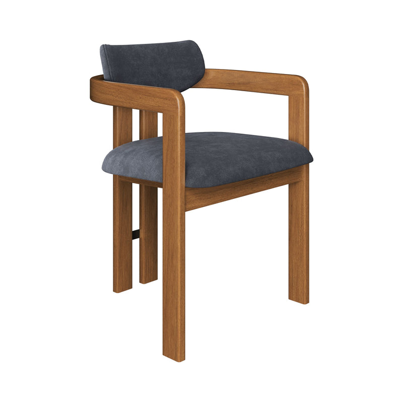 Mid-century modern solid wood bar stool with charcoal upholstered seat and back, curved wooden armrests and slatted legs for kitchen island or bar seating