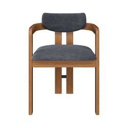 Mid-century modern wooden dining chair with curved arms and grey upholstered seat and back on a natural wood frame