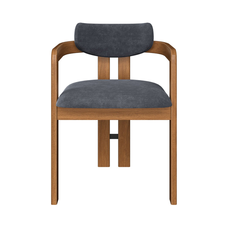 Mid-century modern wooden dining chair with curved arms and grey upholstered seat and back on a natural wood frame