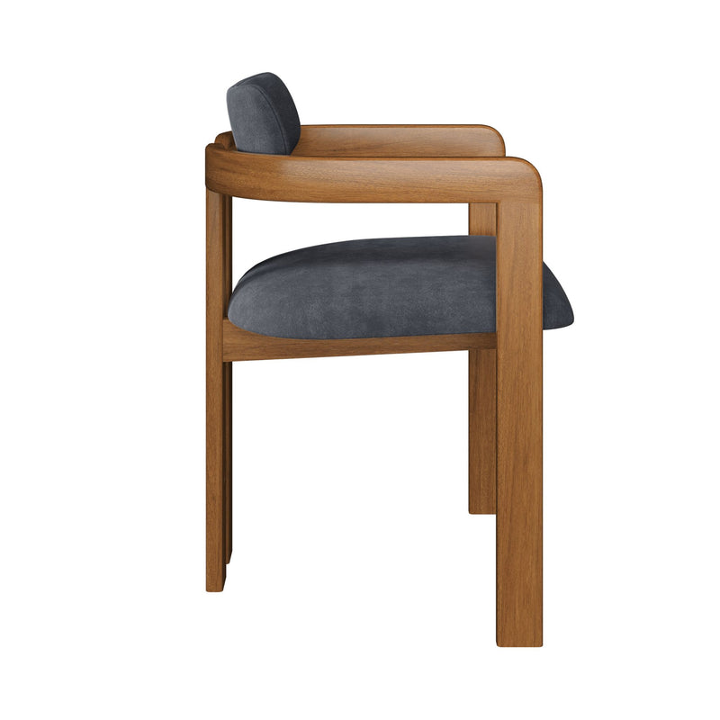 Walnut wooden counter-height bar stool with rounded curved backrest and dark gray upholstered seat and back cushion, minimalist modern design