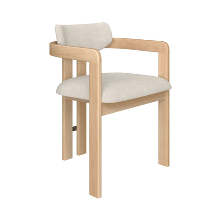 Minimalist light oak bar stool with beige upholstered seat, curved backrest and wooden armrests, suitable for kitchen island