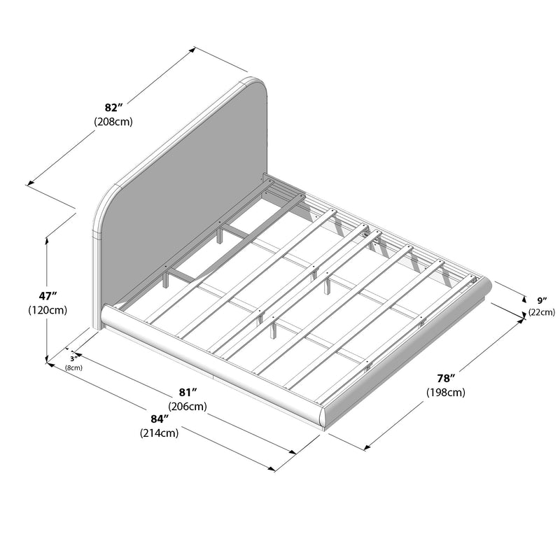 King size bed frame dimension blueprint with measurements in inches and centimeters showing length, width, and height.