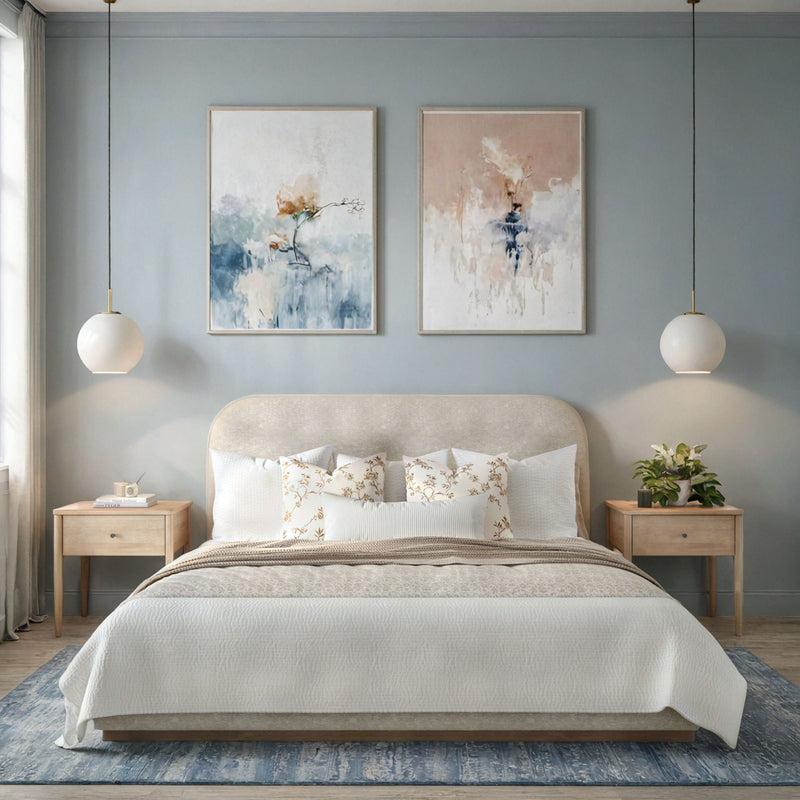 Modern bedroom interior with cozy bed, decorative pillows, minimalist bedside tables, pendant lights, and abstract wall art.