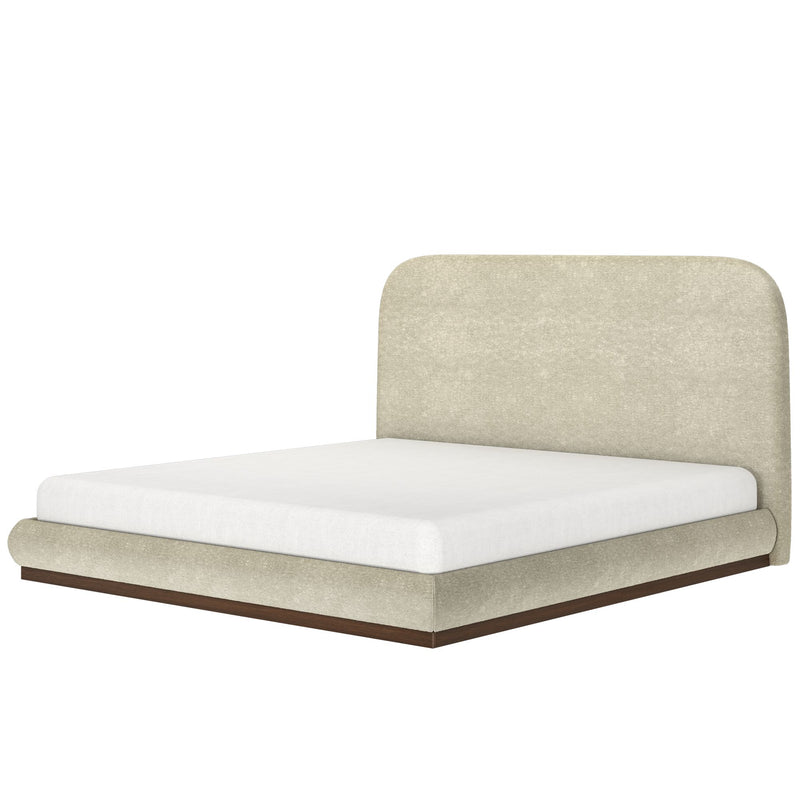 Modern beige upholstered platform bed with curved headboard in a minimalist design.