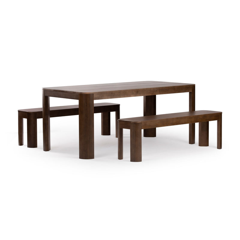 Wooden dining table set with matching benches, featuring a sleek and modern design, perfect for kitchen or dining room spaces.