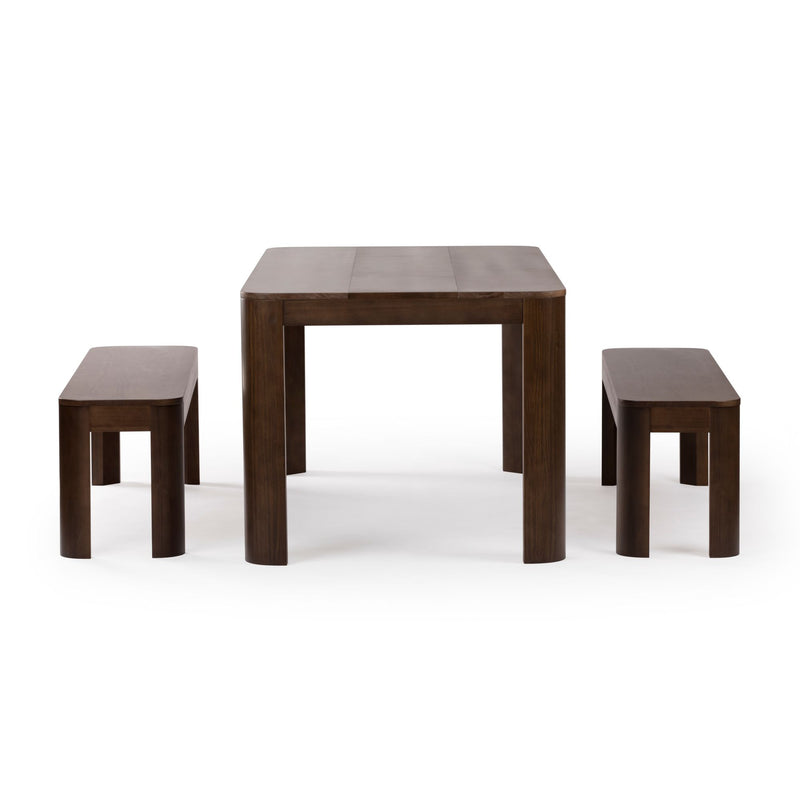 Modern wooden dining table set with two benches, perfect for kitchen or dining room.