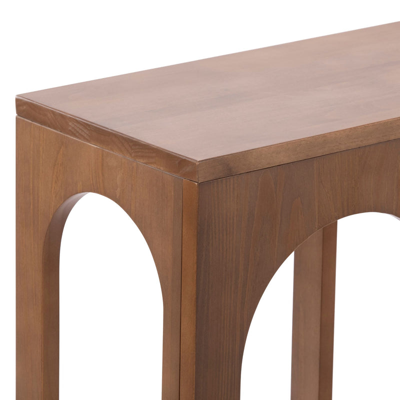 Wooden console table with modern arch design and smooth finish.