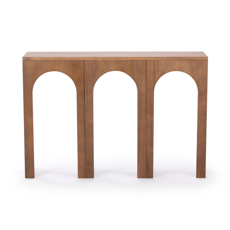 Modern wooden console table with arch design and natural finish.