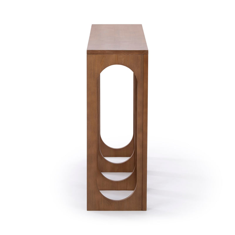 Modern wooden console table with unique geometric leg design, stylish and functional furniture for contemporary interiors.