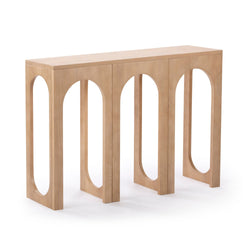 Modern minimalist light wood console table with three arched cutout legs and natural finish, ideal for entryway