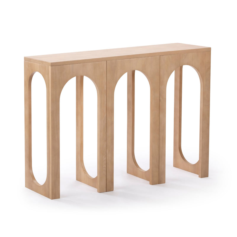 Modern minimalist light wood console table with three arched cutout legs and natural finish, ideal for entryway