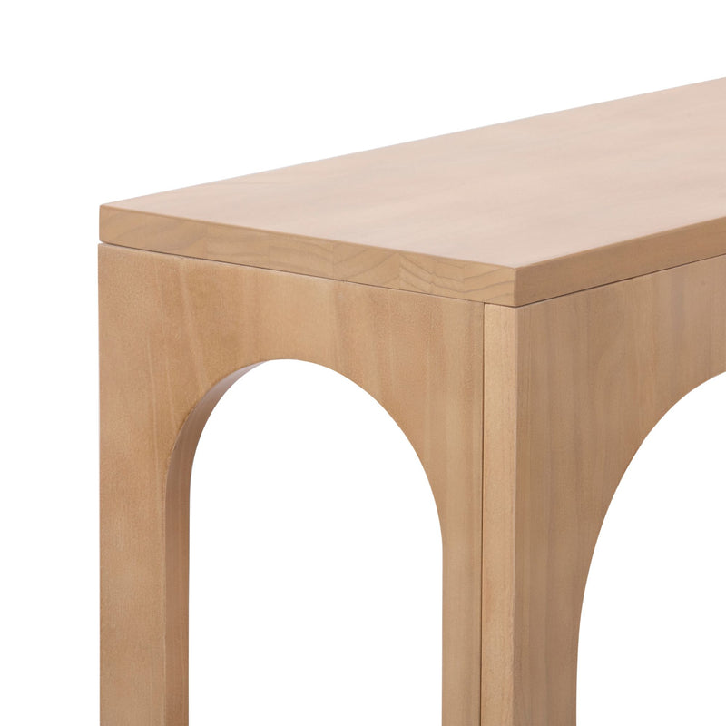 Wooden table with modern arch design and natural finish.