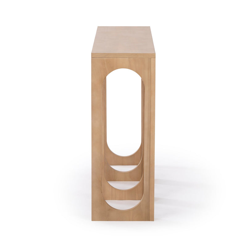 Minimalist wooden console table with a unique cutout design, side view.